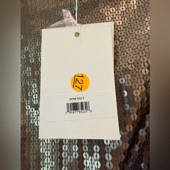 Mac Duggal Sash Belt Long Sleeves Mini Dress 10789 size 2 Taupe Sequins Cocktail - Picture 5 of 7